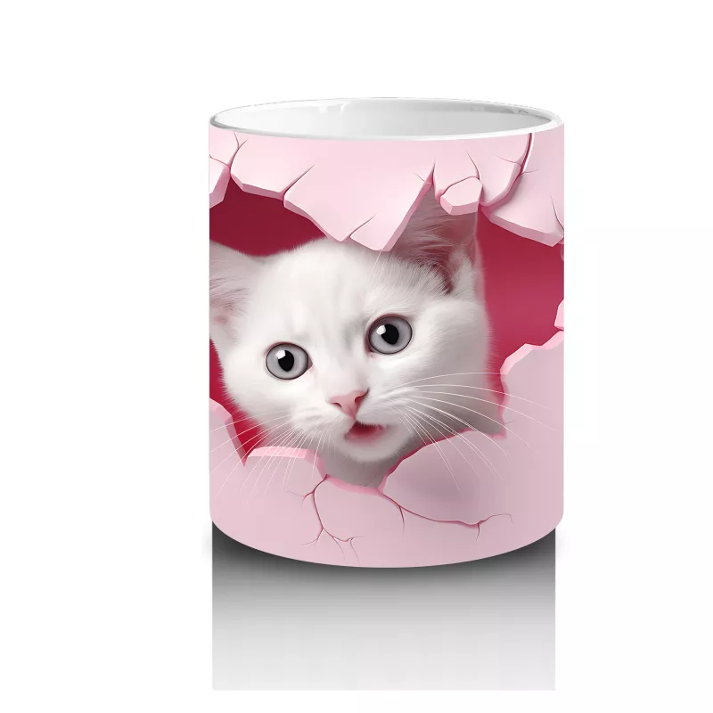 Pembe Duvar Çatlağından Bakan Sevimli Beyaz Kedi Kupa - 3