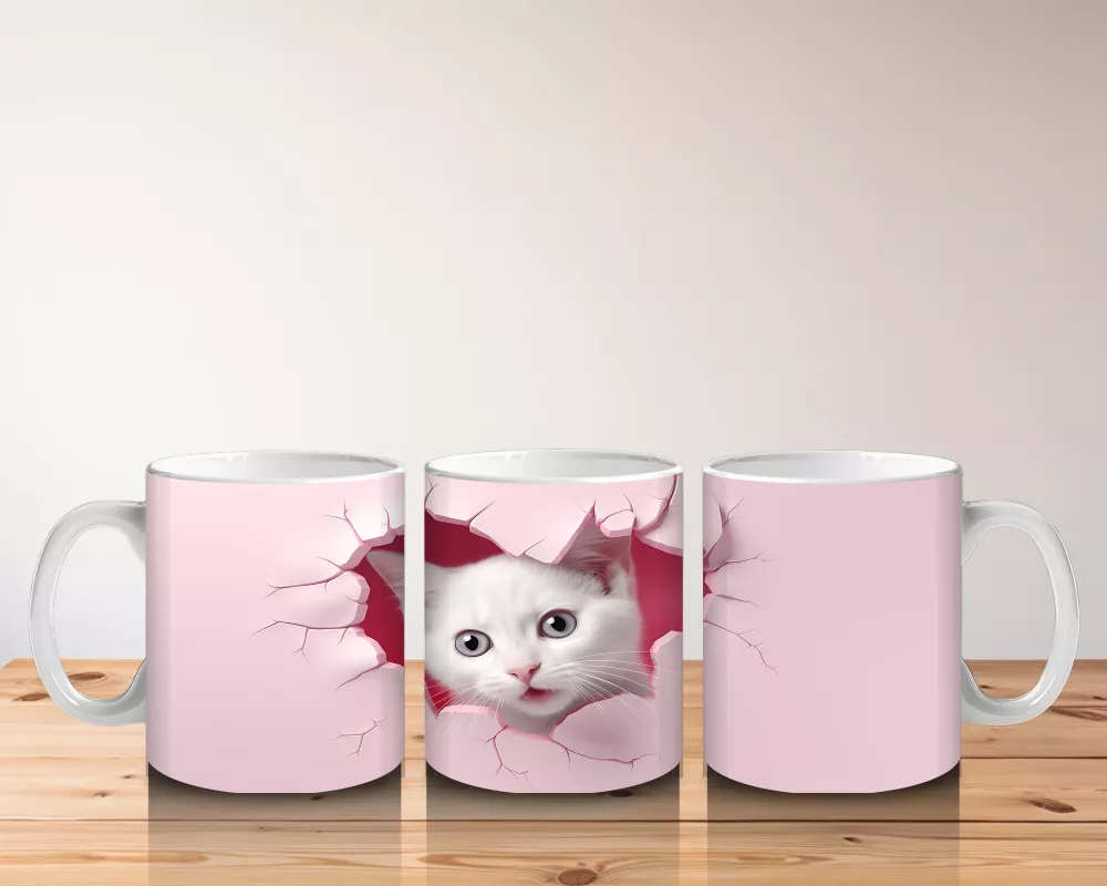 Pembe Duvar Çatlağından Bakan Sevimli Beyaz Kedi Kupa - 5