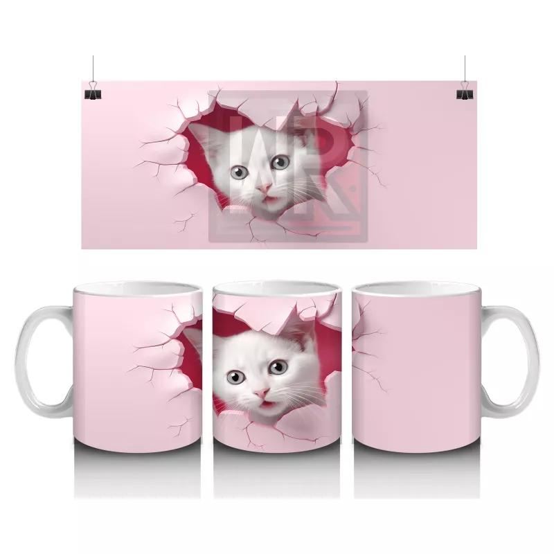 Pembe Duvar Çatlağından Bakan Sevimli Beyaz Kedi Kupa