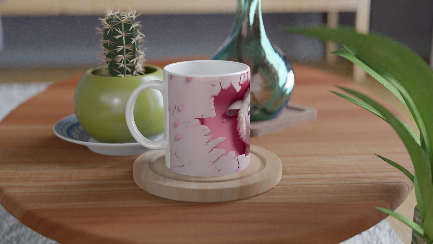 Pembe Duvar Çatlaktan Bakan Karikatürik Kuzu Temalı Baskılı Kupa Bardak - 4