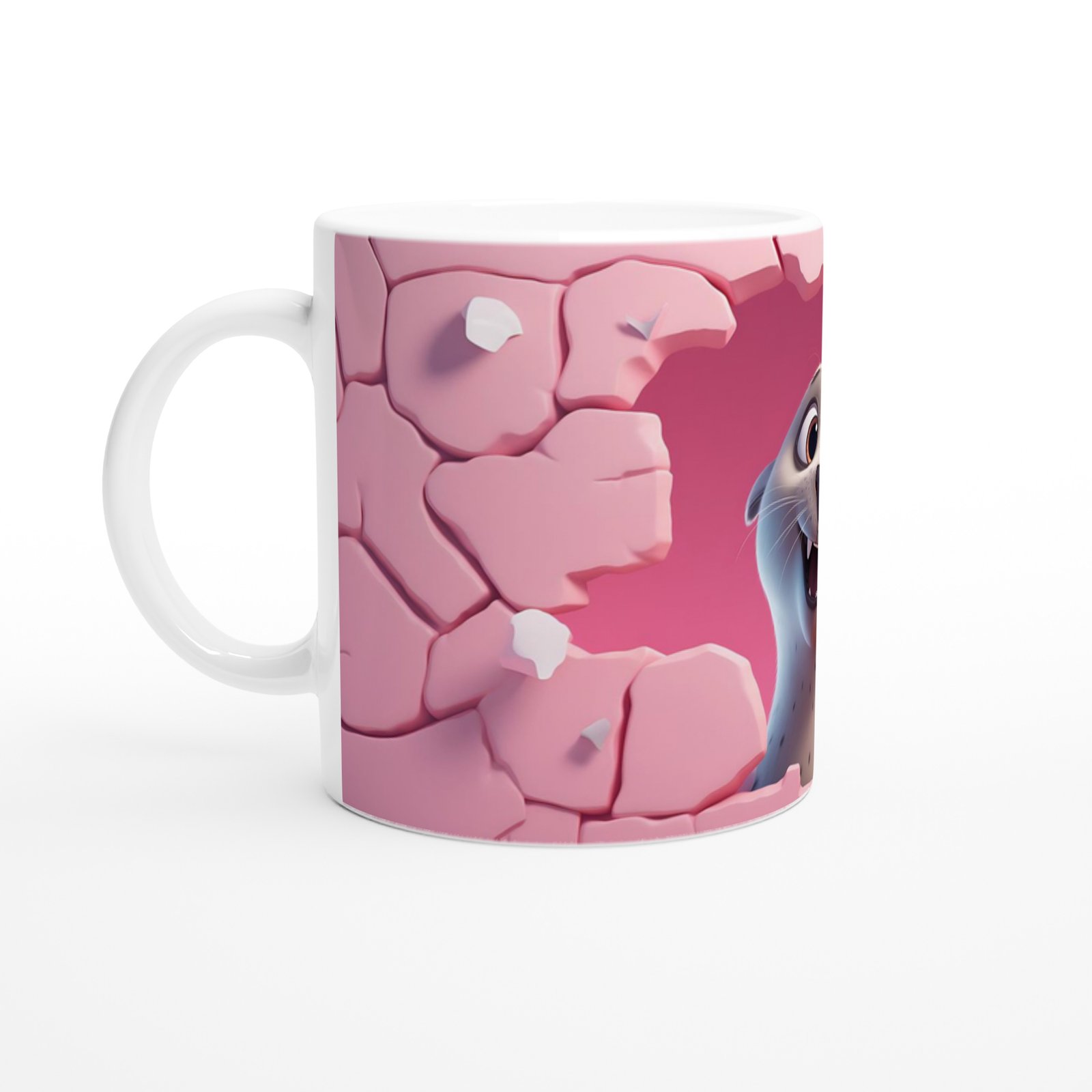 Pembe Duvar Çatlaktan Bakan Sevimli Fok Temalı Baskılı Kupa Bardak - 2