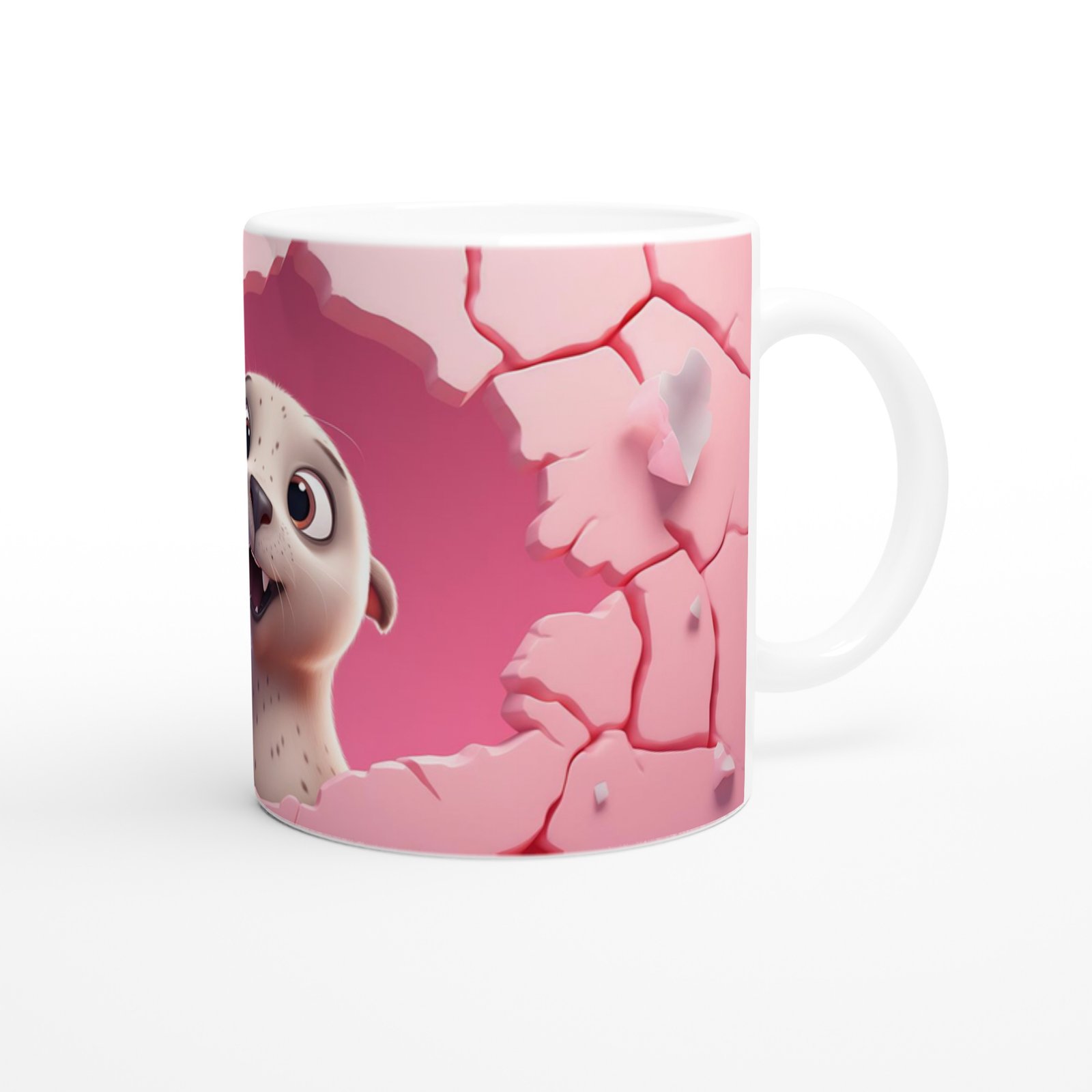 Pembe Duvar Çatlaktan Bakan Sevimli Fok Temalı Baskılı Kupa Bardak - 3