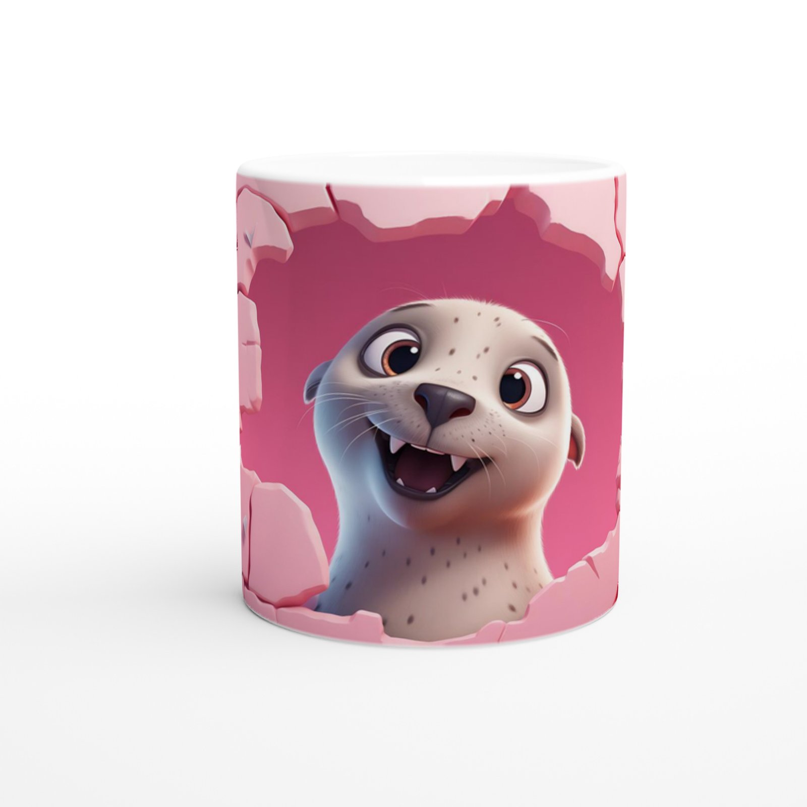 Pembe Duvar Çatlaktan Bakan Sevimli Fok Temalı Baskılı Kupa Bardak