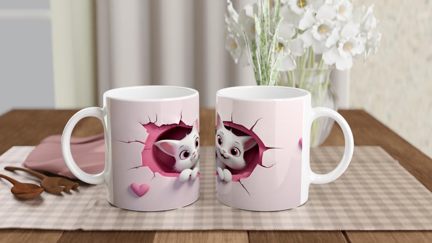 Pembe Duvarı Delen Sevimli İkiz Karikatür Kediler Baskılı Kupa Bardak - 5