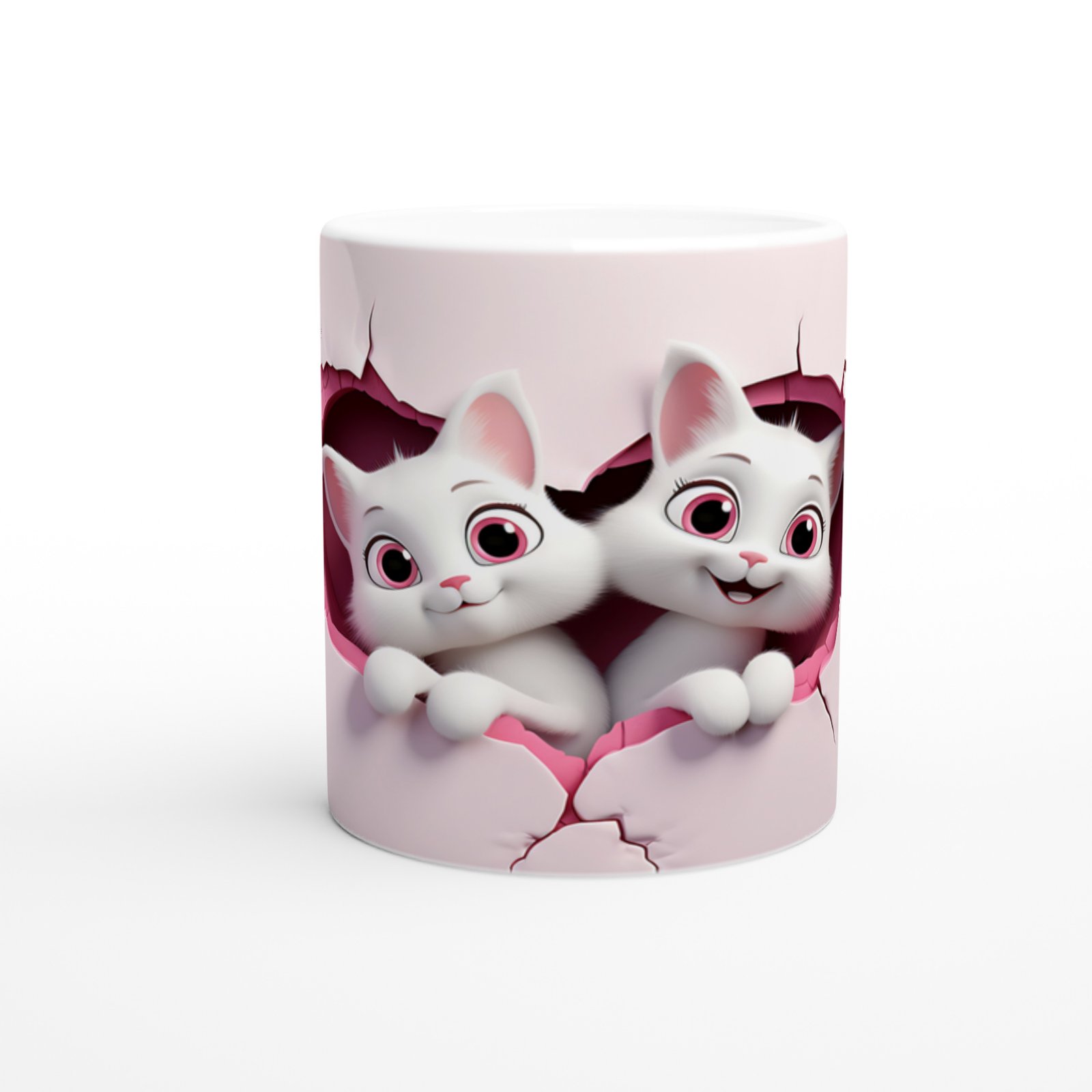 Pembe Duvarı Delen Sevimli İkiz Karikatür Kediler Baskılı Kupa Bardak