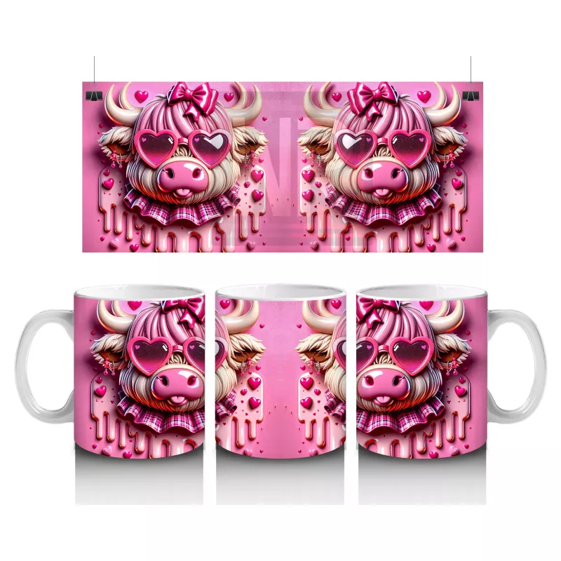 Pembe Fon Üzerinde Kurdeleli Sevimli Buzağı – Baskılı Kahve Kupası