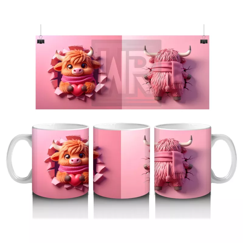 Pembe Fon Üzerinde Sevimli Maskot Buzağı Karakteri – Baskılı Kahve Kupası