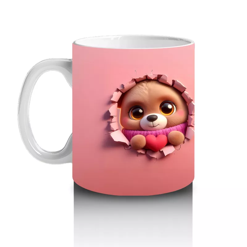 Pembe Fon Üzerinde Sevimli Maskot Karakterler – Baskılı Kahve Kupası - 2