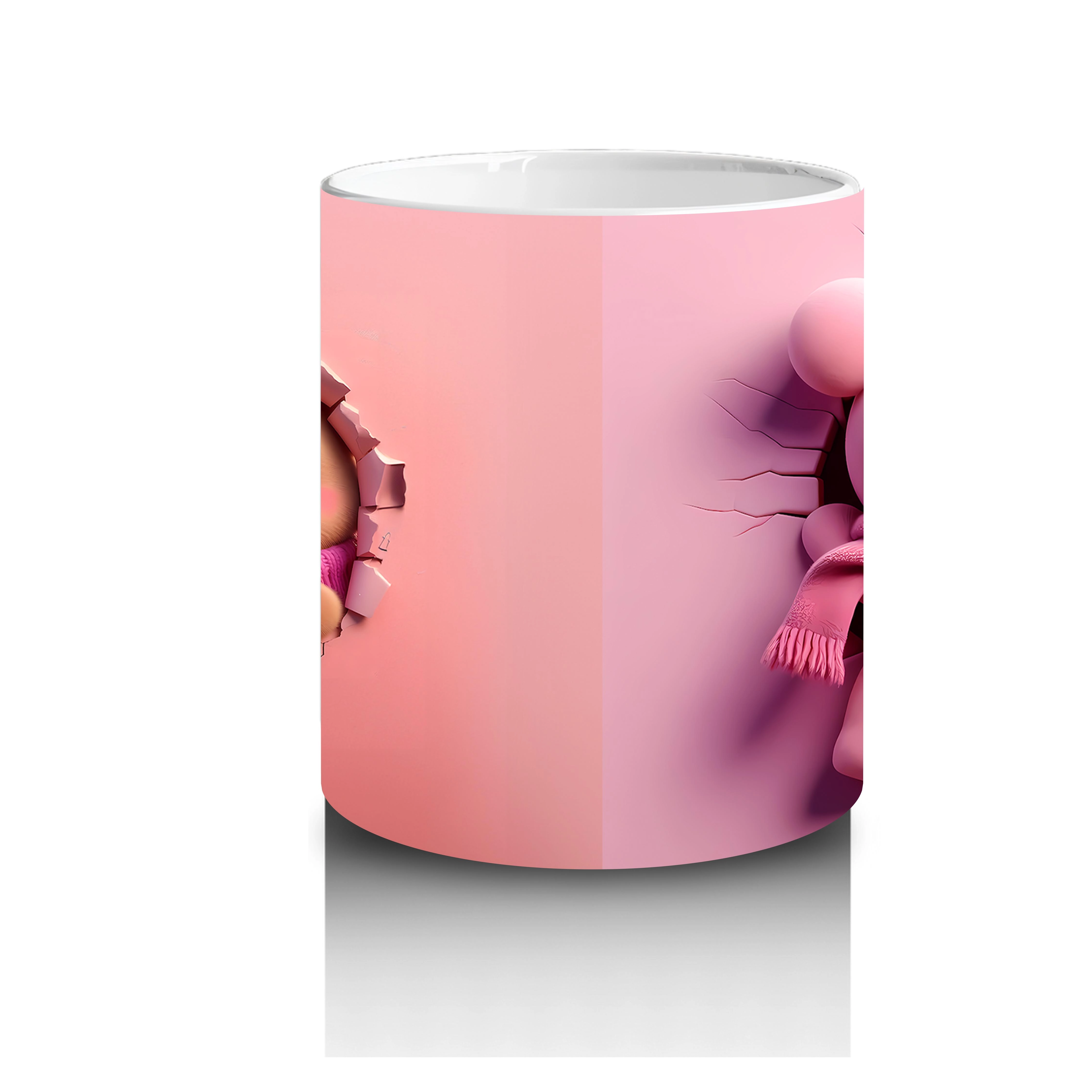 Pembe Fon Üzerinde Sevimli Maskot Karakterler – Baskılı Kahve Kupası - 3