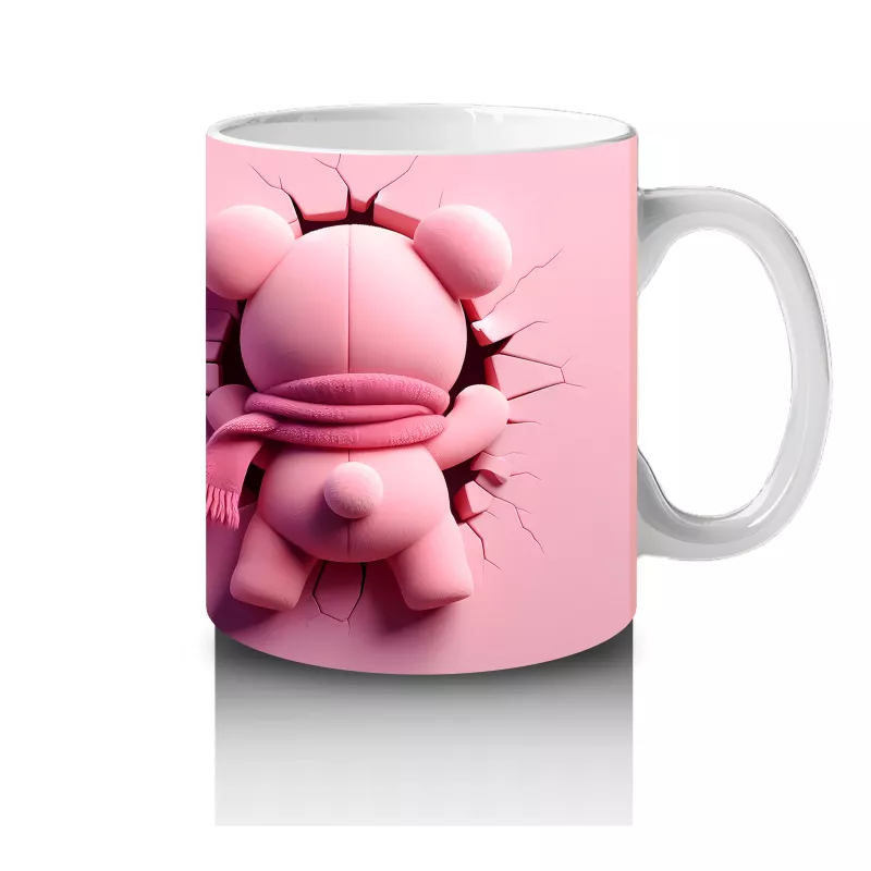 Pembe Fon Üzerinde Sevimli Maskot Karakterler – Baskılı Kahve Kupası - 4