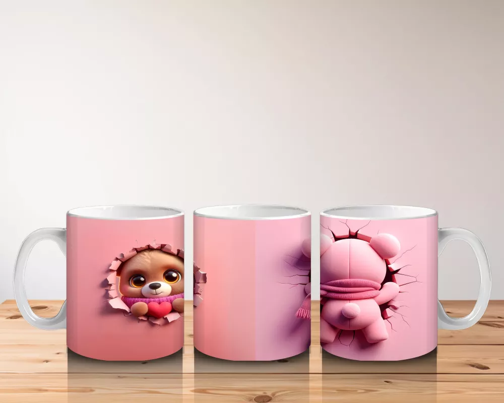 Pembe Fon Üzerinde Sevimli Maskot Karakterler – Baskılı Kahve Kupası - 5