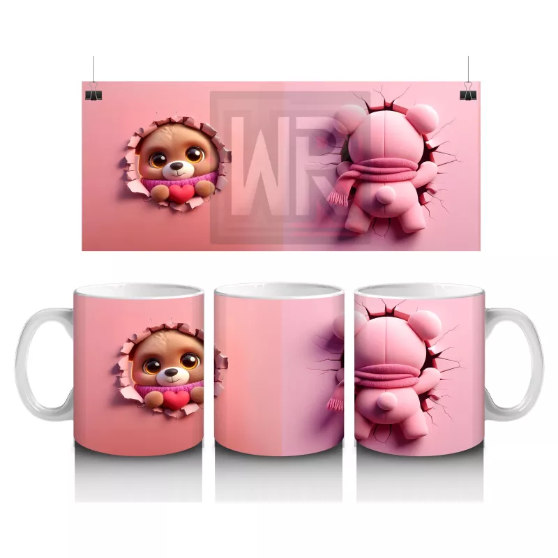 Pembe Fon Üzerinde Sevimli Maskot Karakterler – Baskılı Kahve Kupası