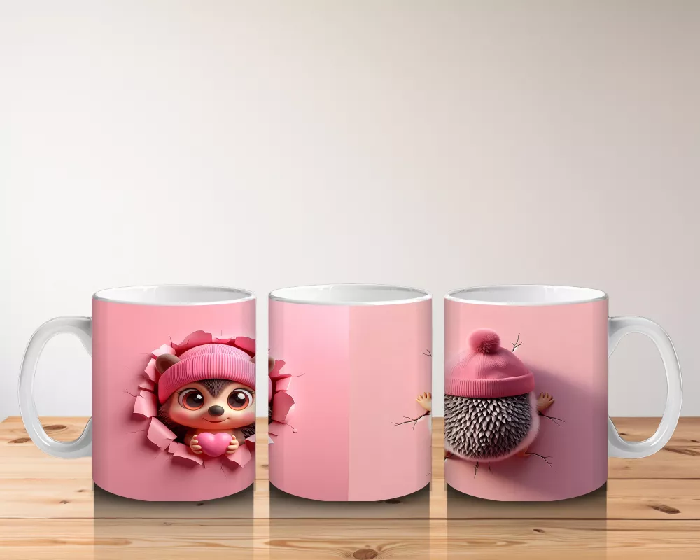 Pembe Giyimli Kız ve Kalpli Peluş – Baskılı Kahve Kupası - 5