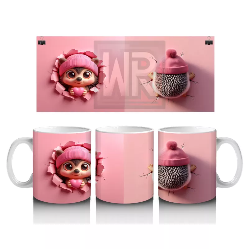 Pembe Giyimli Kız ve Kalpli Peluş – Baskılı Kahve Kupası