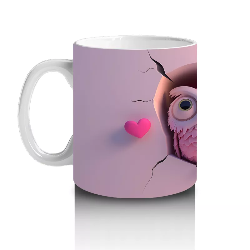 Pembe Gözlüklü Baykuşlar ve Kalpli Fon – Baskılı Kahve Kupası - 2