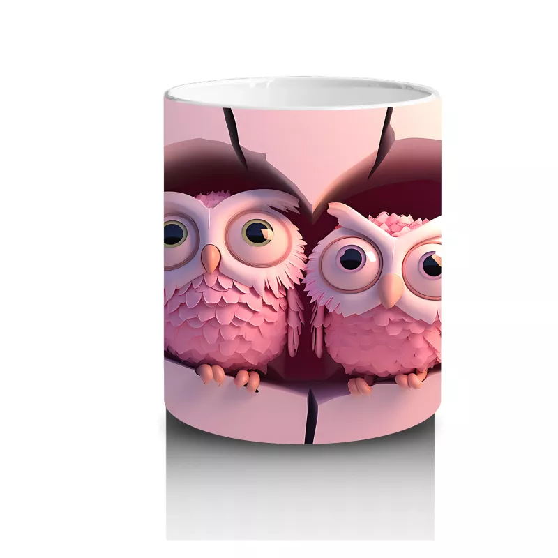 Pembe Gözlüklü Baykuşlar ve Kalpli Fon – Baskılı Kahve Kupası - 3