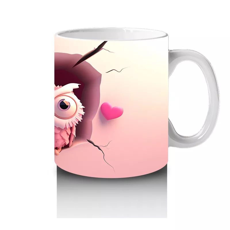 Pembe Gözlüklü Baykuşlar ve Kalpli Fon – Baskılı Kahve Kupası - 4