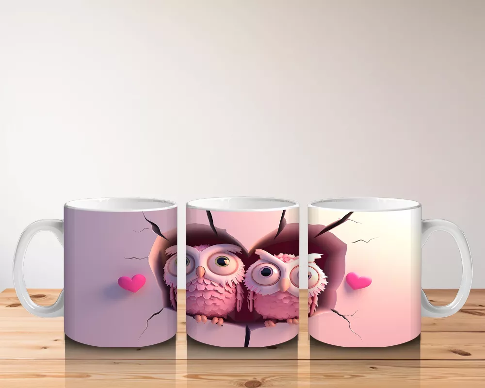 Pembe Gözlüklü Baykuşlar ve Kalpli Fon – Baskılı Kahve Kupası - 5
