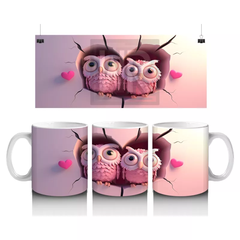 Pembe Gözlüklü Baykuşlar ve Kalpli Fon – Baskılı Kahve Kupası