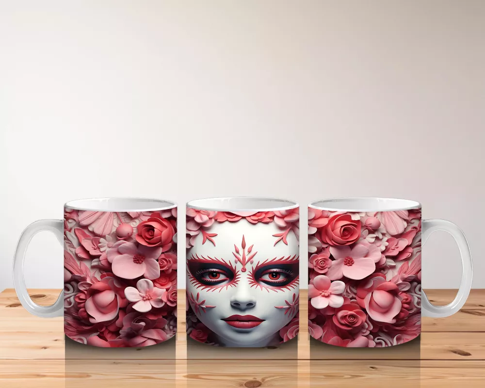 Pembe Gül Denizi Üzerine Beyaz Maske – Hediyelik Kahve Kupası - 5