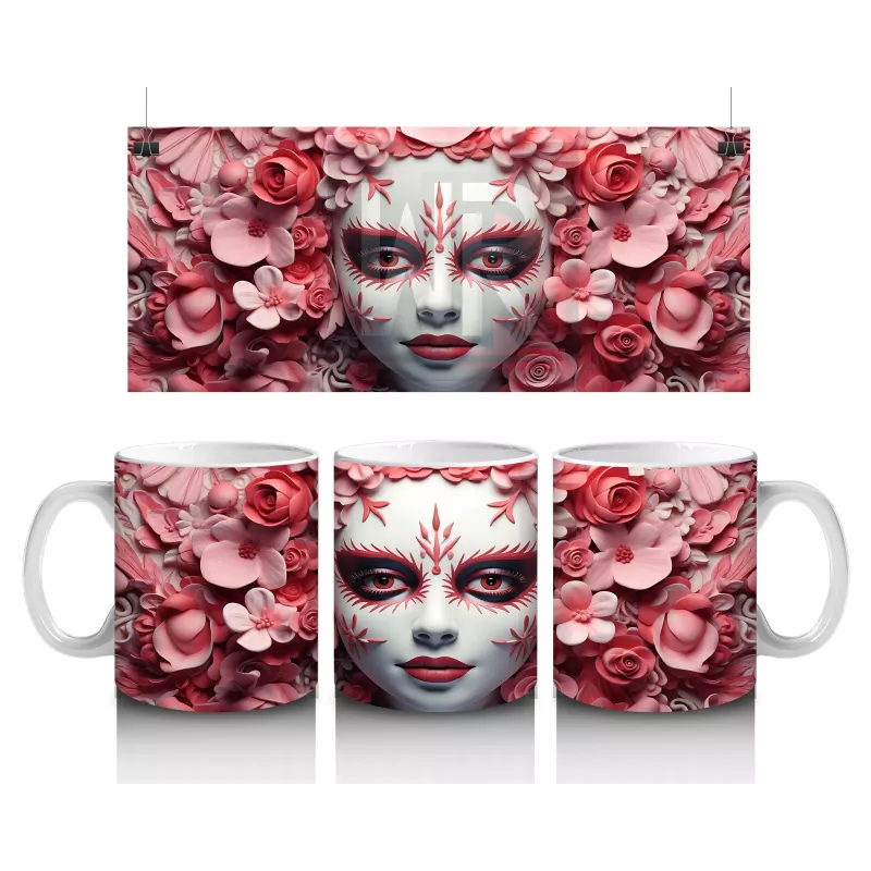 Pembe Gül Denizi Üzerine Beyaz Maske – Hediyelik Kahve Kupası