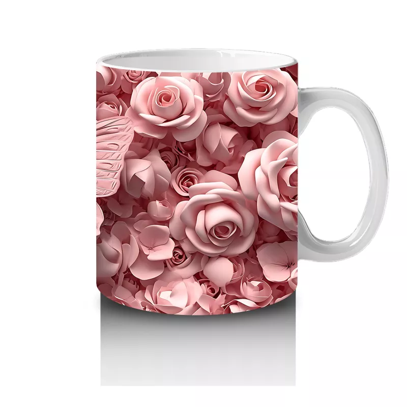 Pembe Gül Desenleri Arasında Kelebek - Baskılı Kahve Kupası - 4