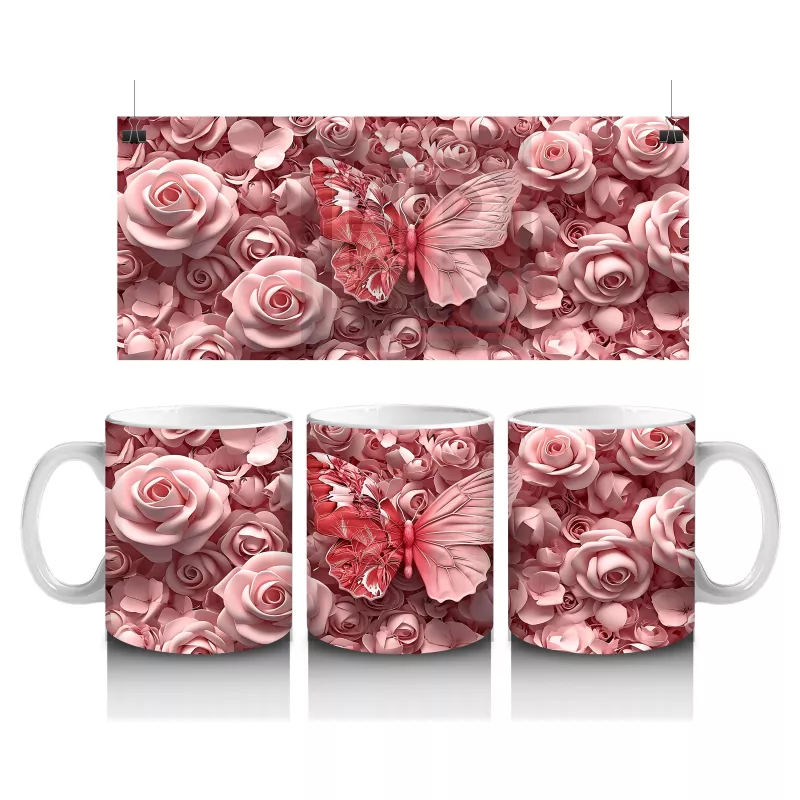 Pembe Gül Desenleri Arasında Kelebek - Baskılı Kahve Kupası