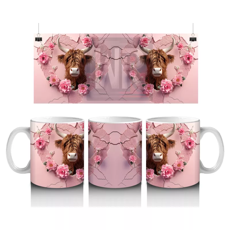 Pembe Gül Kalpleriyle Süslenmiş İnek Çifti - Baskılı kahve kupası