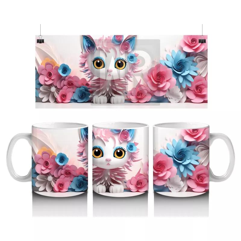 Pembe Güller Arasında Sevimli Kedi – Baskılı Kahve Kupası