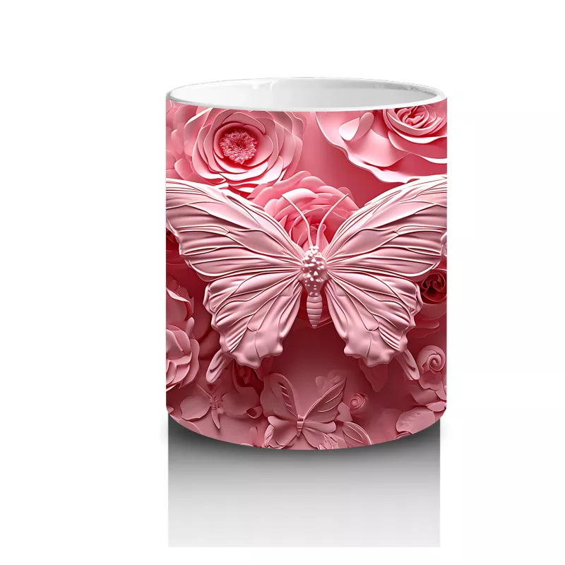 Pembe Güller Arasında Zarif Kelebek – Baskılı Kahve Kupası - 3