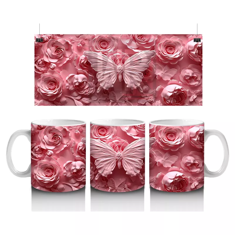 Pembe Güller Arasında Zarif Kelebek – Baskılı Kahve Kupası