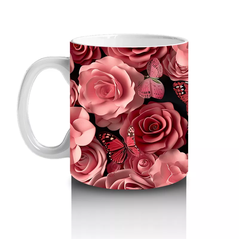 Pembe Güller ve Kelebekler Arasında Rölyef Desen – Baskılı Kahve Kupası - 2