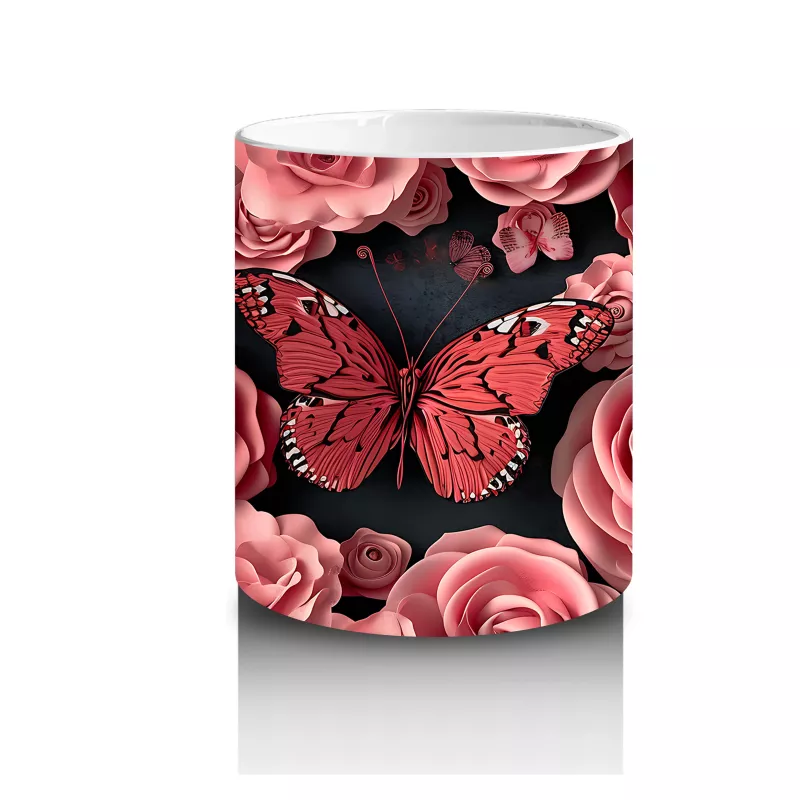 Pembe Güller ve Kelebekler Arasında Rölyef Desen – Baskılı Kahve Kupası - 3