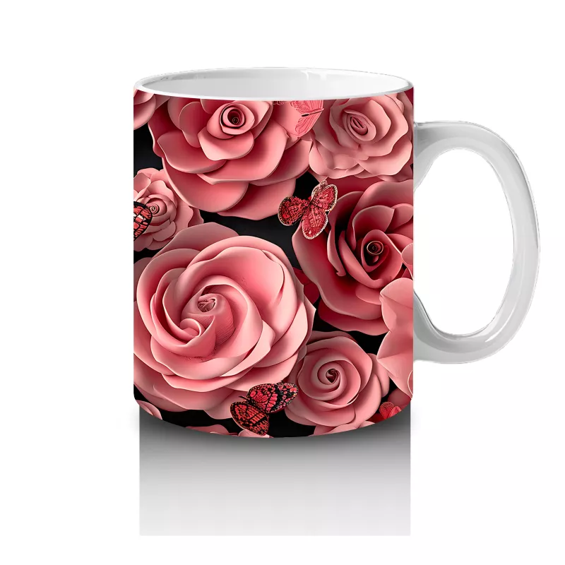 Pembe Güller ve Kelebekler Arasında Rölyef Desen – Baskılı Kahve Kupası - 4