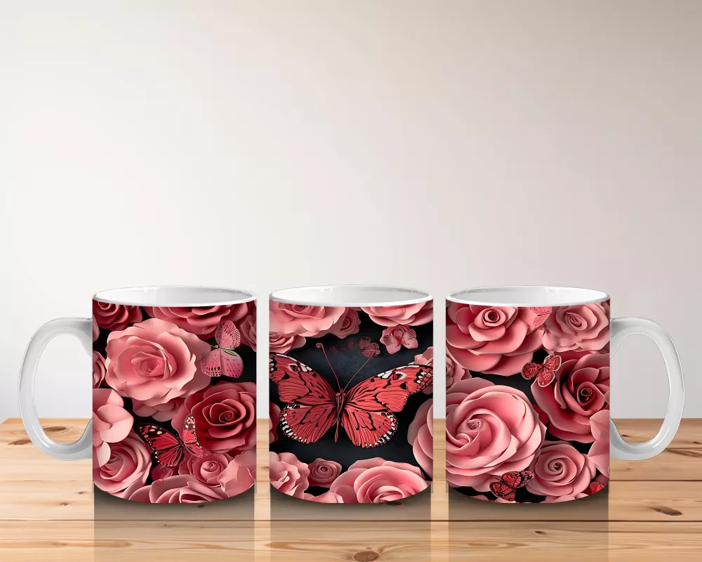 Pembe Güller ve Kelebekler Arasında Rölyef Desen – Baskılı Kahve Kupası - 5