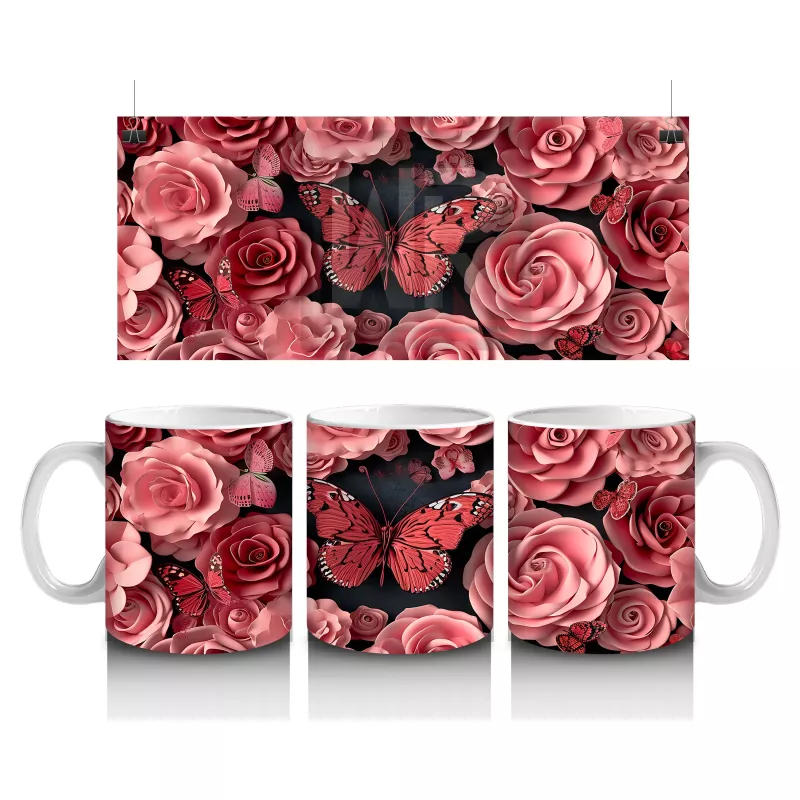 Pembe Güller ve Kelebekler Arasında Rölyef Desen – Baskılı Kahve Kupası