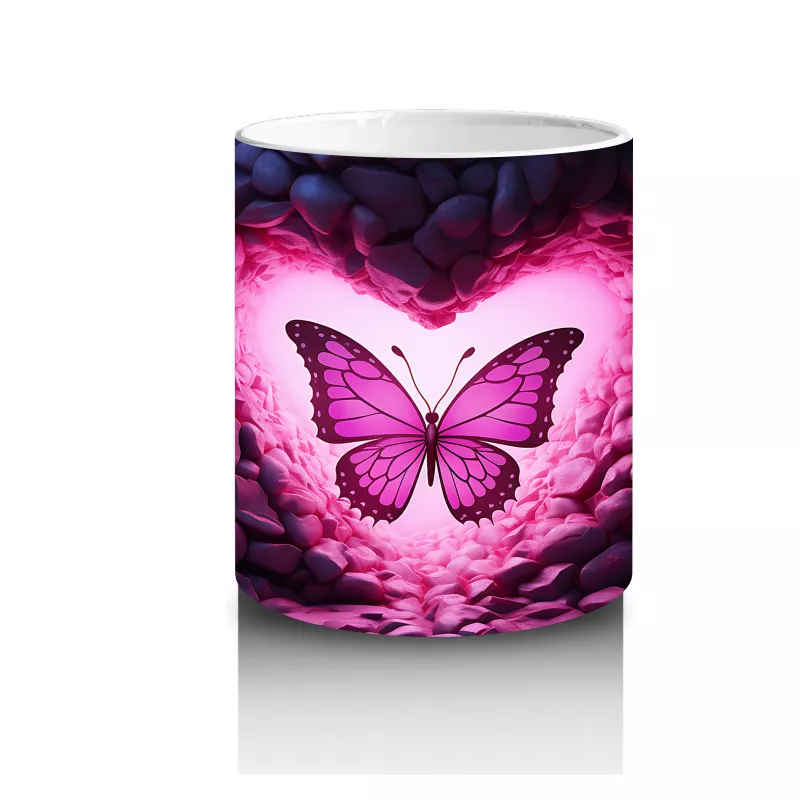 Pembe Işıklar Arasında Parlayan Kelebek – Baskılı Kahve Kupası - 3