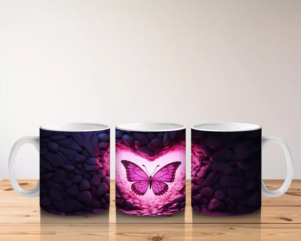 Pembe Işıklar Arasında Parlayan Kelebek – Baskılı Kahve Kupası - 5