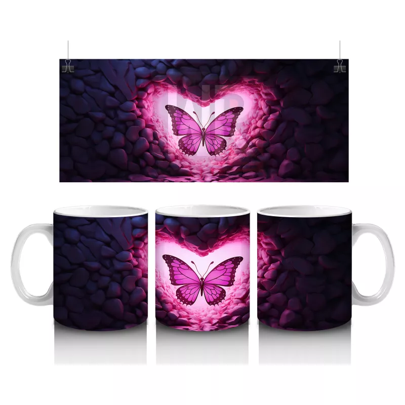 Pembe Işıklar Arasında Parlayan Kelebek – Baskılı Kahve Kupası