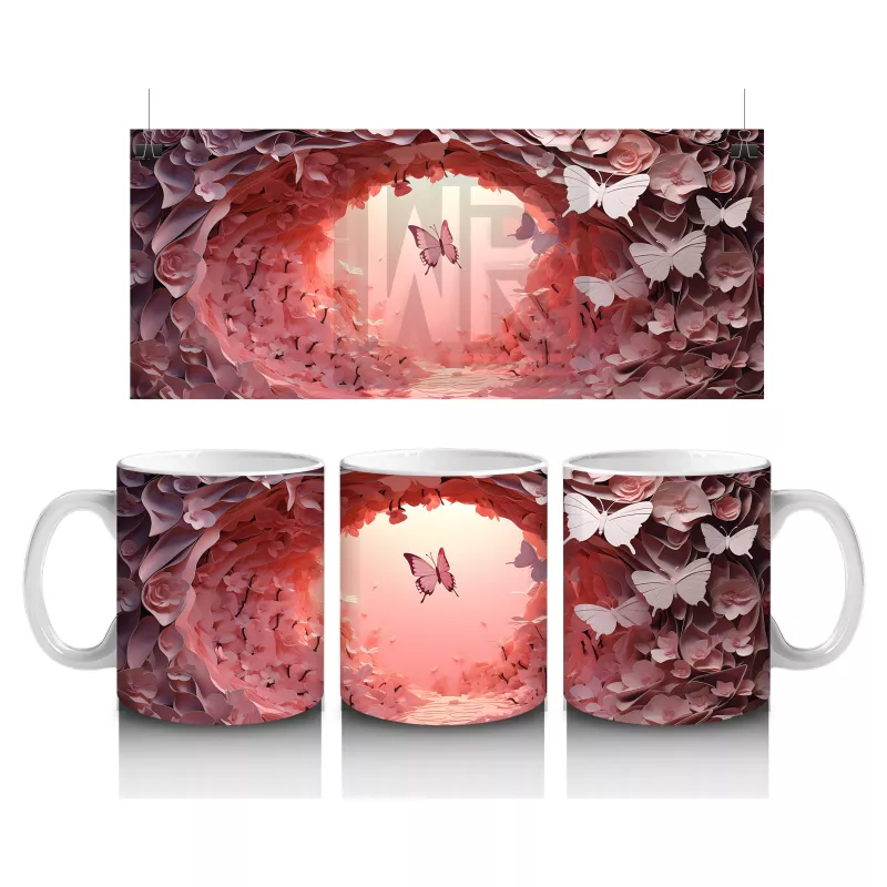 Pembe Işıkların Altında Uçuşan Kelebekler – Baskılı Kahve Kupası