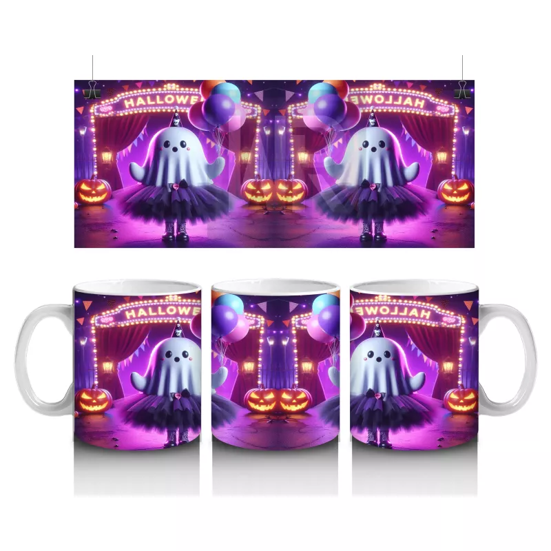 Pembe Işıklı Sahne Üzerinde Dans Eden Cadı Figürlü Renkli Cadılar Bayramı Baskılı Kupa Bardak