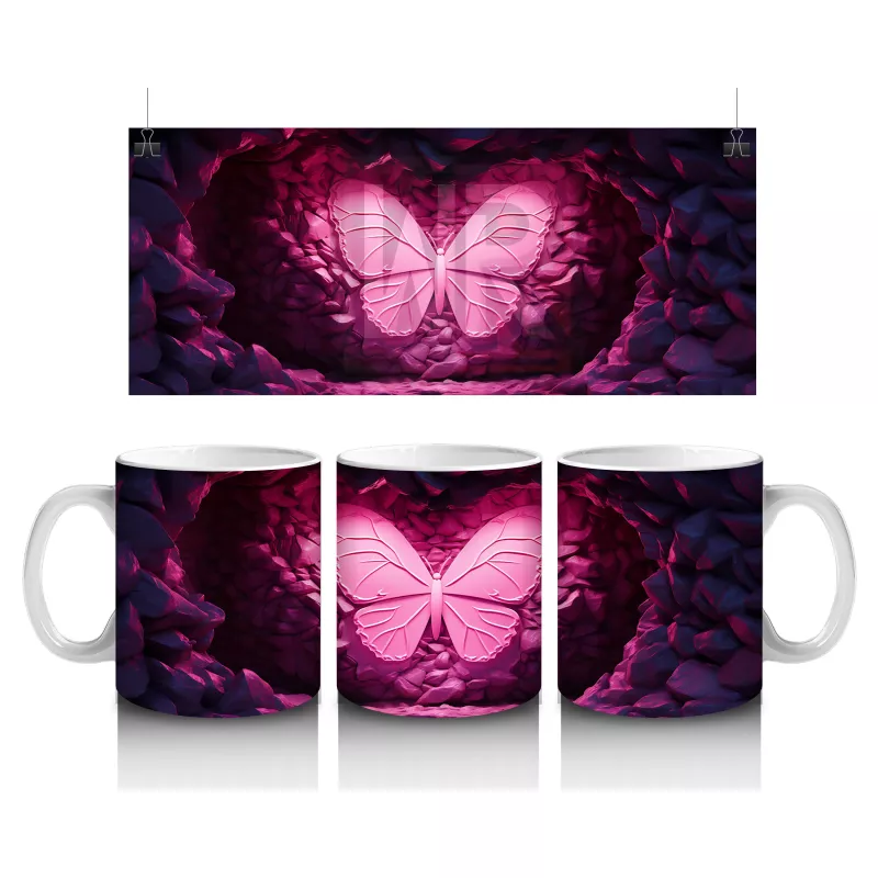 Pembe Işıltılı Taşlar Arasında Kelebek Silueti – Baskılı Kahve Kupası