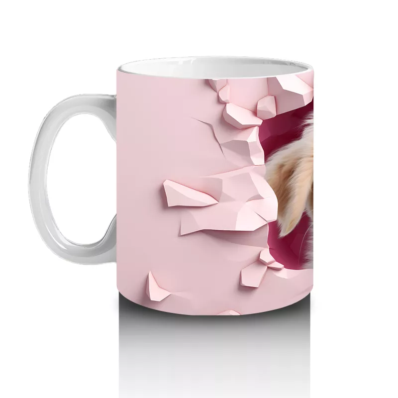 Pembe Kalp Duvarı Delen Sarı Köpek – Baskılı Kahve Kupası - 2