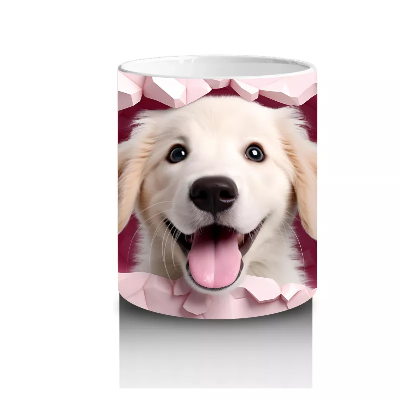 Pembe Kalp Duvarı Delen Sarı Köpek – Baskılı Kahve Kupası - 3