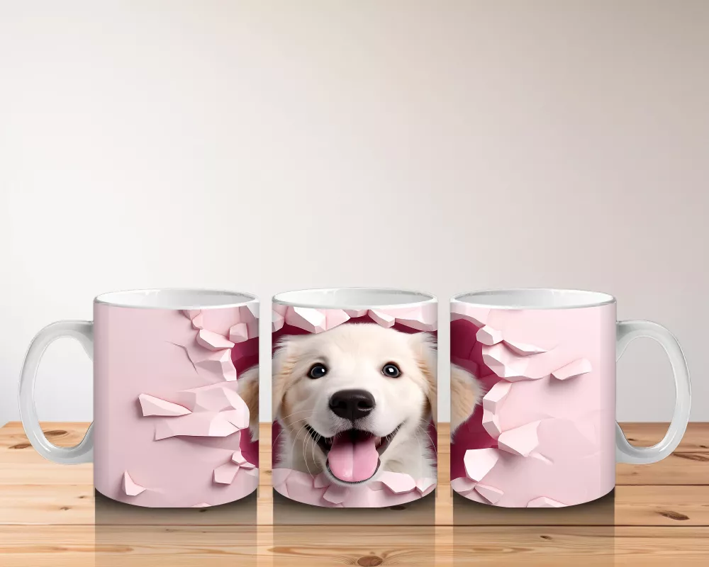 Pembe Kalp Duvarı Delen Sarı Köpek – Baskılı Kahve Kupası - 5