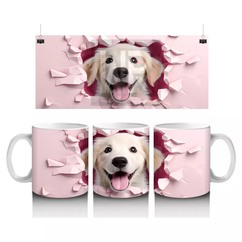 Pembe Kalp Duvarı Delen Sarı Köpek – Baskılı Kahve Kupası