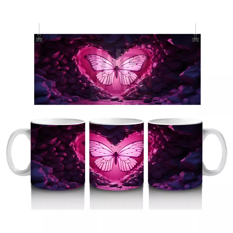 Pembe Kalp İçinde Kelebek Işıltısı – Baskılı Kahve Kupası