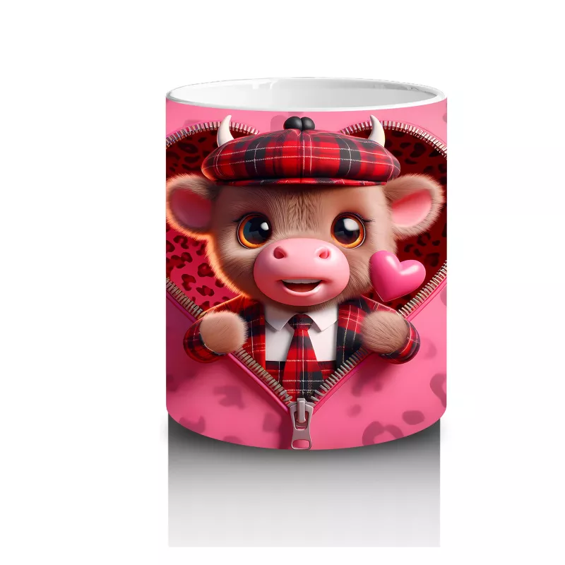 Pembe Kalp İçinde Sevimli Boğa Figürü – Baskılı Kahve Kupası - 3