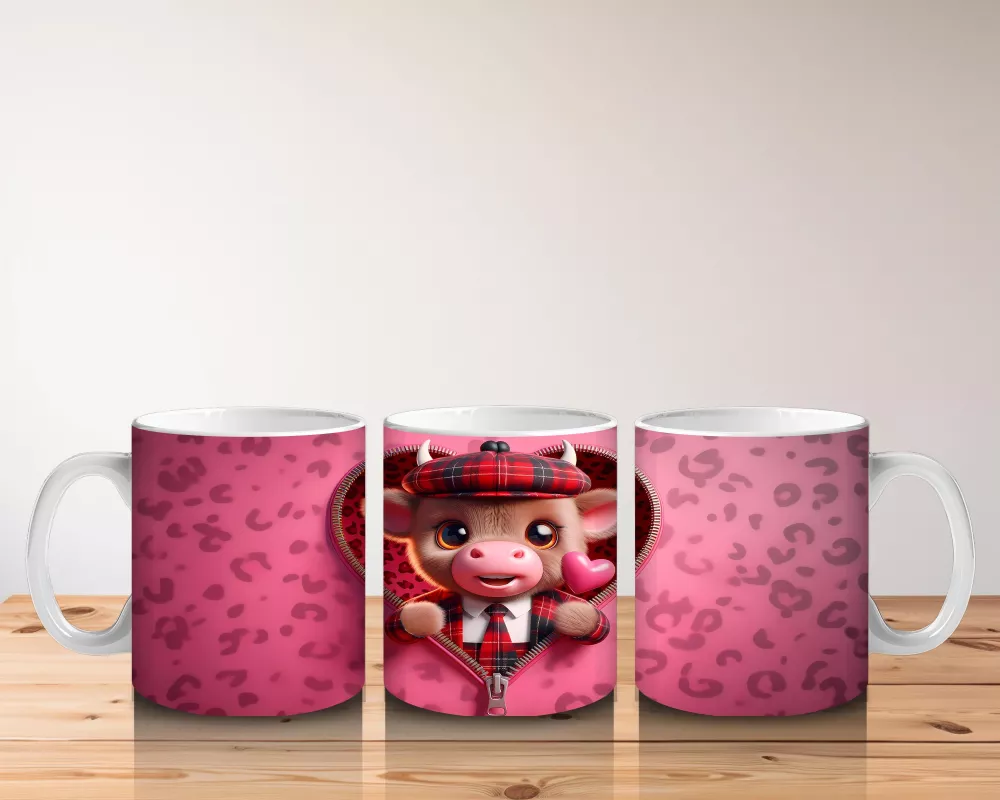 Pembe Kalp İçinde Sevimli Boğa Figürü – Baskılı Kahve Kupası - 5