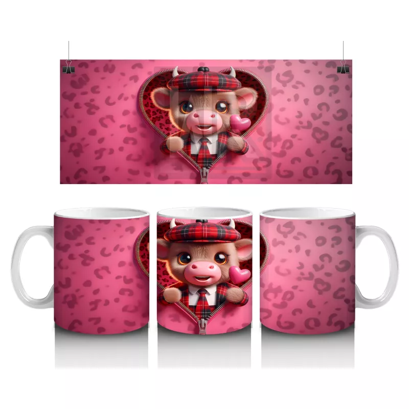 Pembe Kalp İçinde Sevimli Boğa Figürü – Baskılı Kahve Kupası